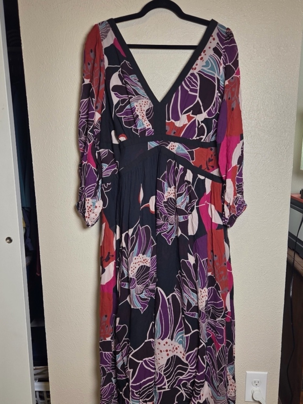 Anthropologie Black Floral Maxi Dress with Purple & Red Accents - Picture 4 of 7